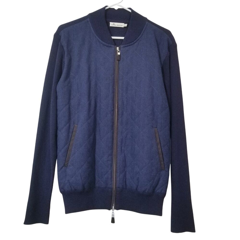 Peter Millar Wool Blend Navy Woven Ribbed Knit Quilted Bomber Jacket